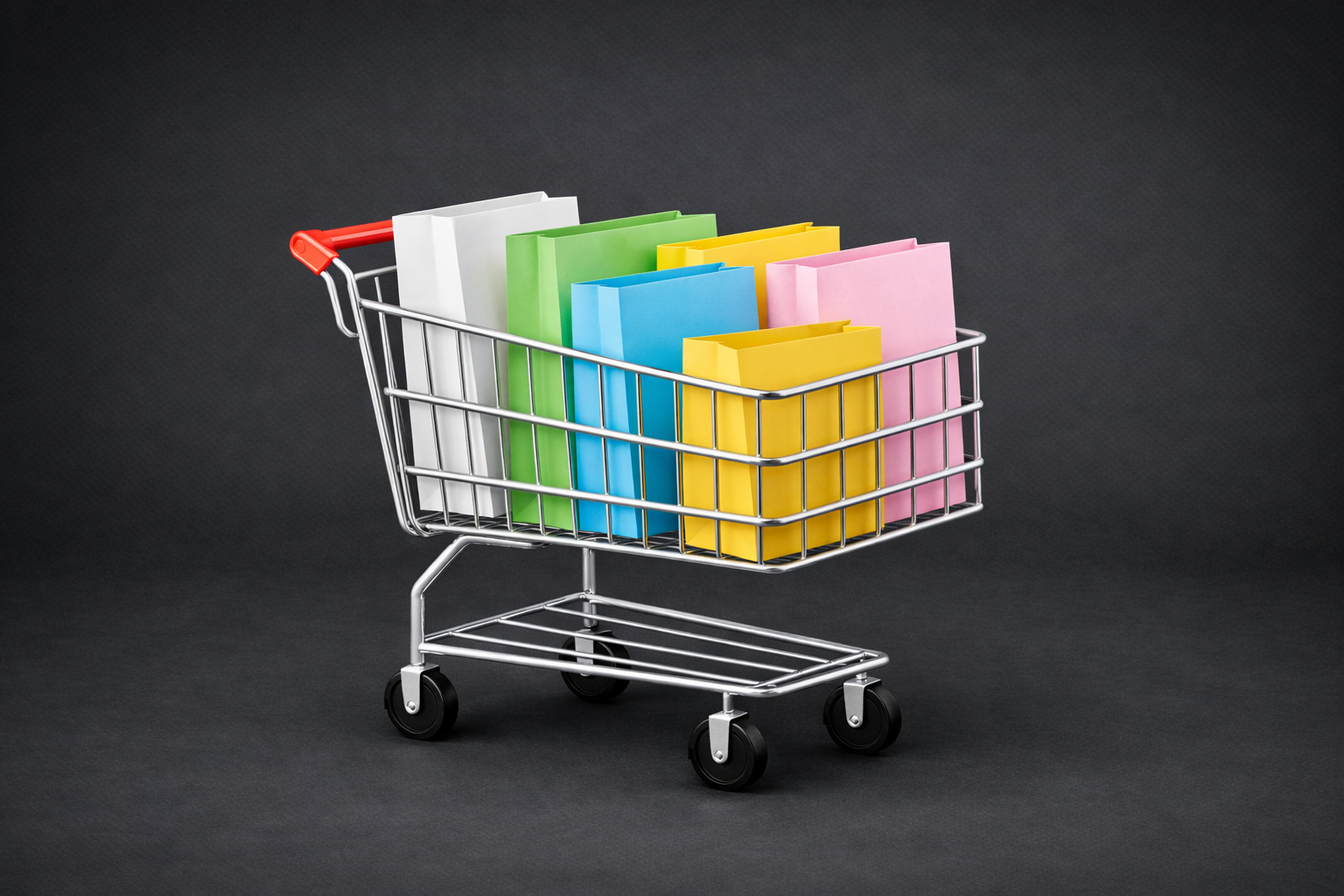 Shopping cart filled with colorful packages representing marketplace transactions